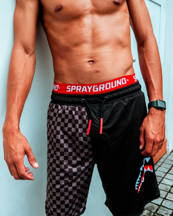 GREY CHECKERED SPLIT CORTO SWIM TRUNKS