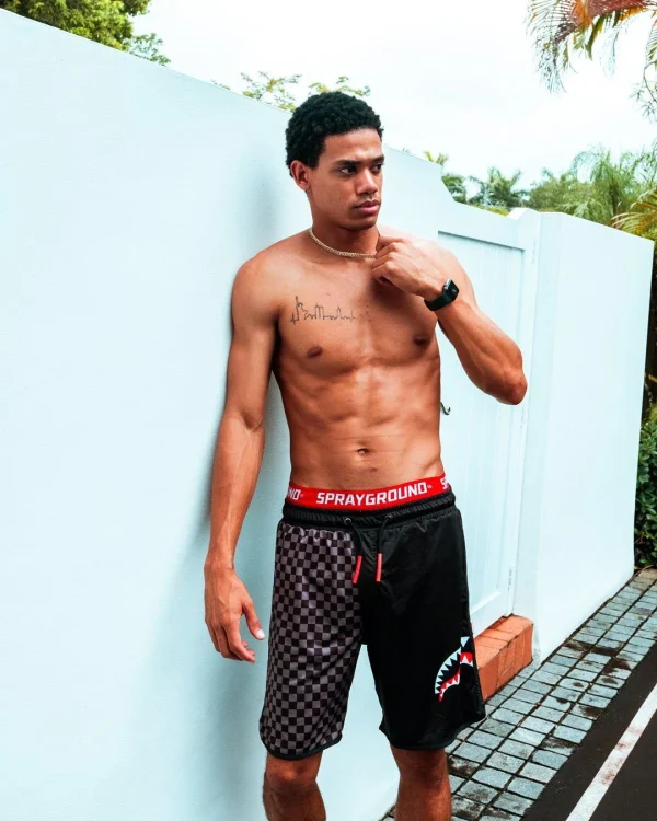 GREY CHECKERED SPLIT CORTO SWIM TRUNKS